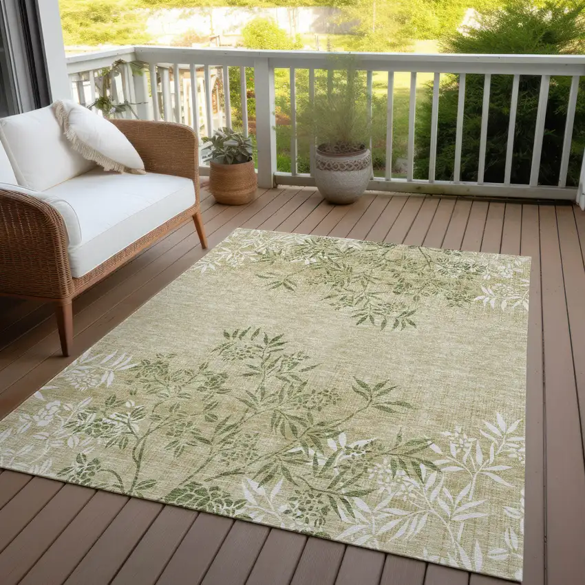 Khaki Ivory And Green Floral Washable Indoor Outdoor Area Rug Photo 9