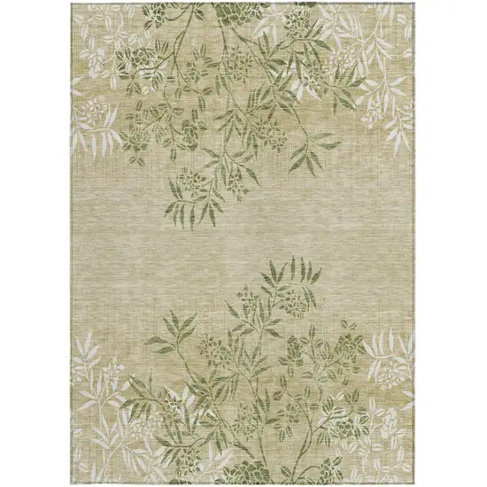 Khaki Ivory And Green Floral Washable Indoor Outdoor Area Rug Photo 6