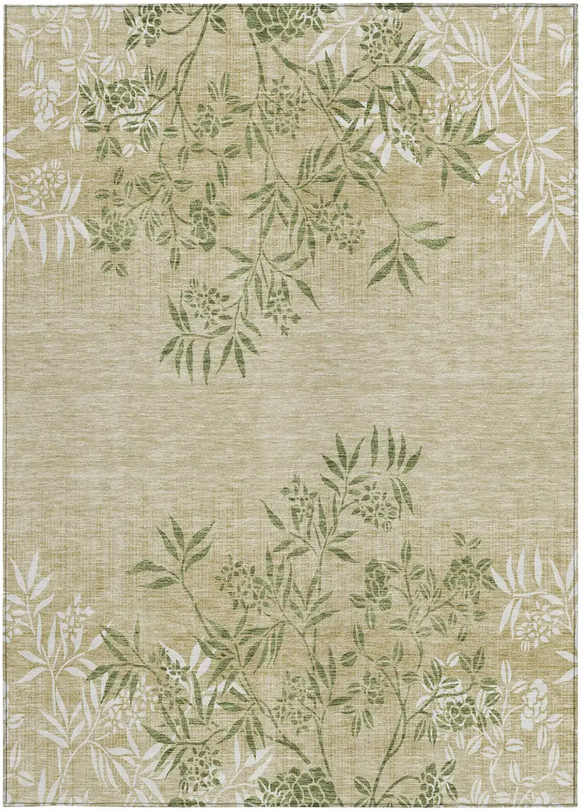 Khaki Ivory And Green Floral Washable Indoor Outdoor Area Rug Photo 6