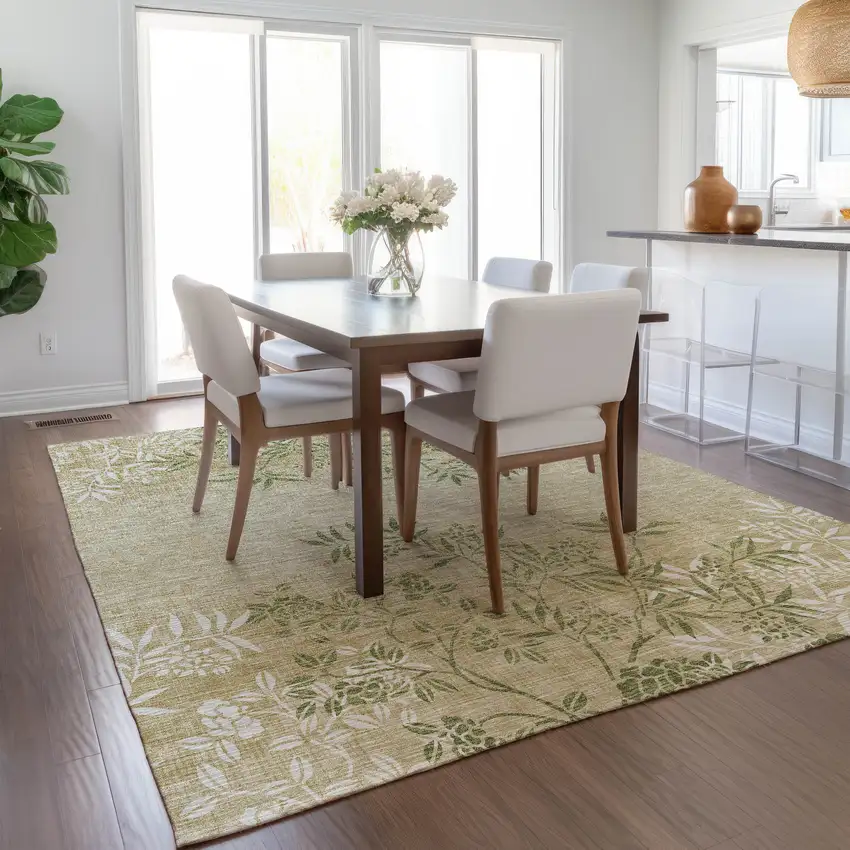 Khaki Ivory And Green Floral Washable Indoor Outdoor Area Rug Photo 9