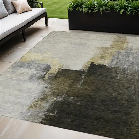 Khaki Light Green And Black Abstract Washable Indoor Outdoor Area Rug Photo 1