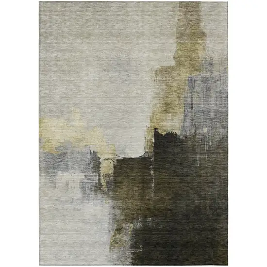 Khaki Light Green And Black Abstract Washable Indoor Outdoor Area Rug Photo 2