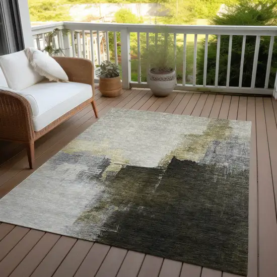 Khaki Light Green And Black Abstract Washable Indoor Outdoor Area Rug Photo 8