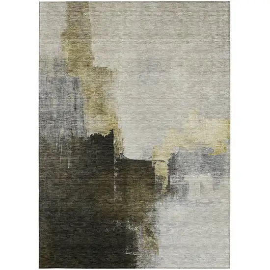 Khaki Light Green And Black Abstract Washable Indoor Outdoor Area Rug Photo 7