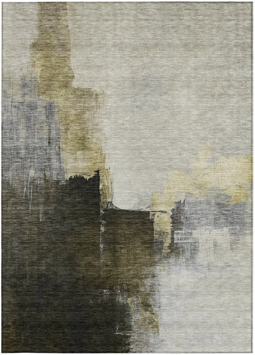 Khaki Light Green And Black Abstract Washable Indoor Outdoor Area Rug Photo 7