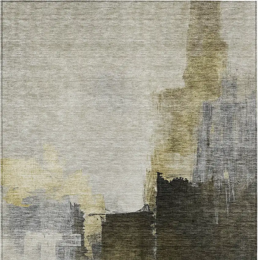 Khaki Light Green And Black Abstract Washable Indoor Outdoor Area Rug Photo 6