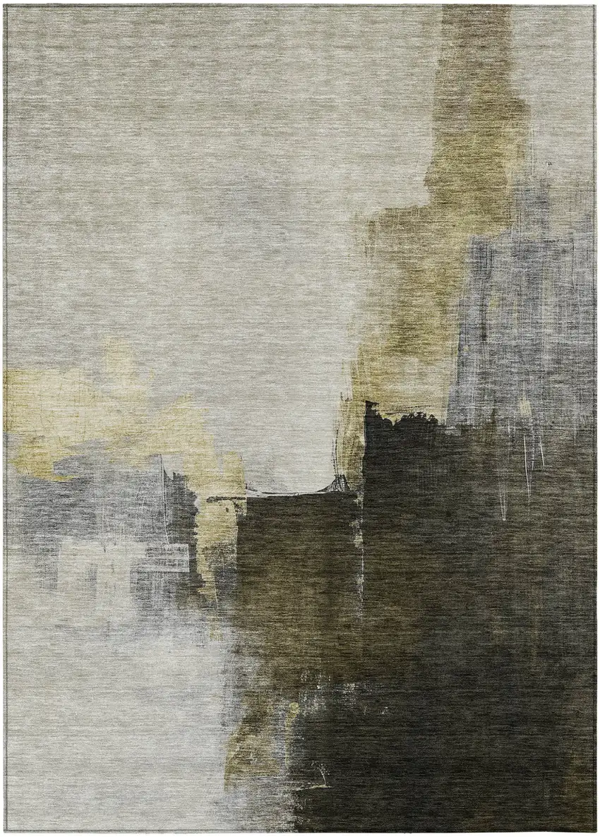 Khaki Light Green And Black Abstract Washable Indoor Outdoor Area Rug Photo 2