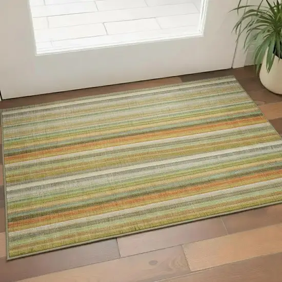Khaki Orange And Beige Striped Washable Area Rug With UV Protection Photo 1