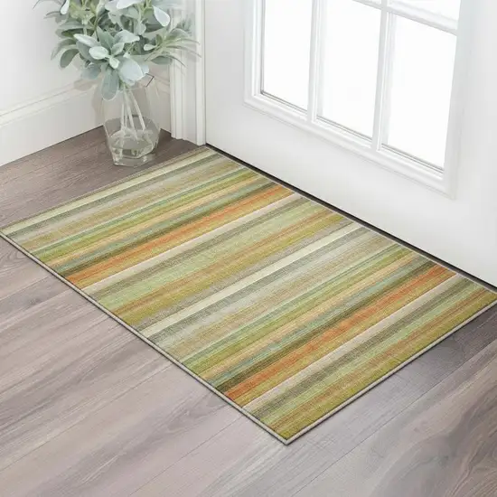 Khaki Orange And Beige Striped Washable Area Rug With UV Protection Photo 2