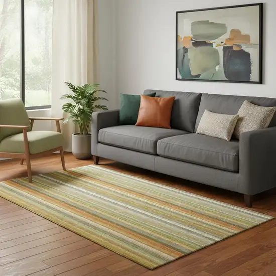 Khaki Orange And Beige Striped Washable Area Rug With UV Protection Photo 1