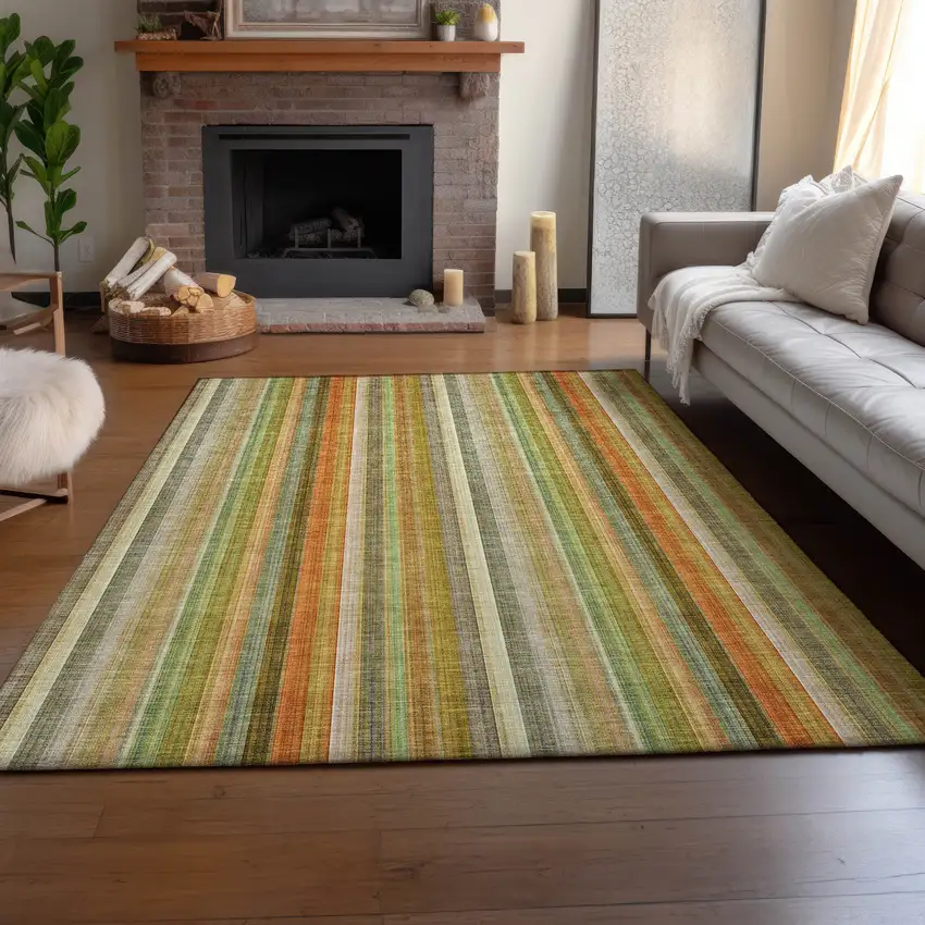 Khaki Orange And Beige Striped Washable Area Rug With UV Protection Photo 5