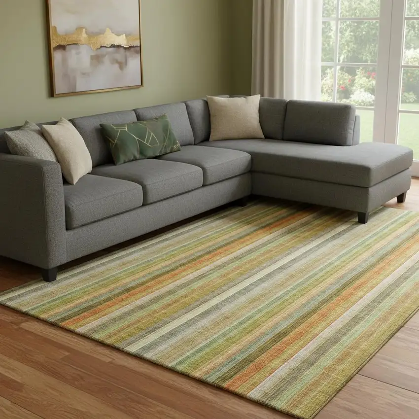 Khaki Orange And Beige Striped Washable Area Rug With UV Protection Photo 1