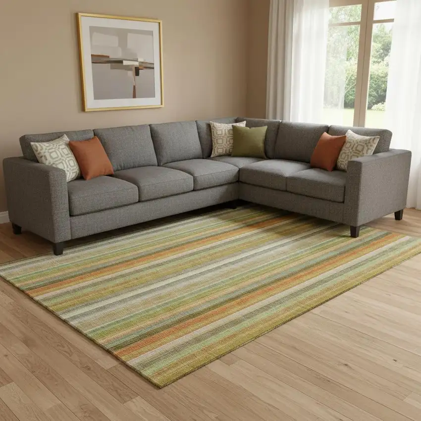 Khaki Orange And Beige Striped Washable Area Rug With UV Protection Photo 1