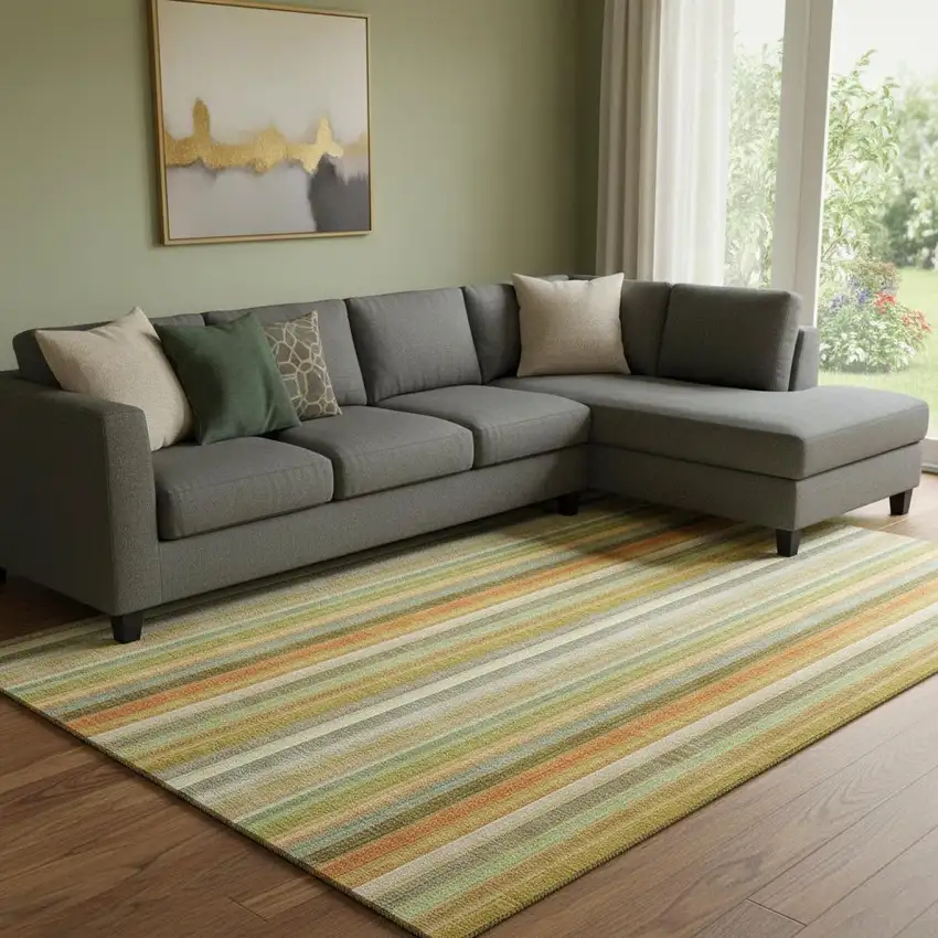 Khaki Orange And Beige Striped Washable Area Rug With UV Protection Photo 1