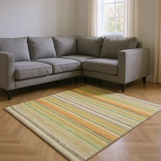 Khaki Orange And Beige Striped Washable Area Rug With UV Protection Photo 2