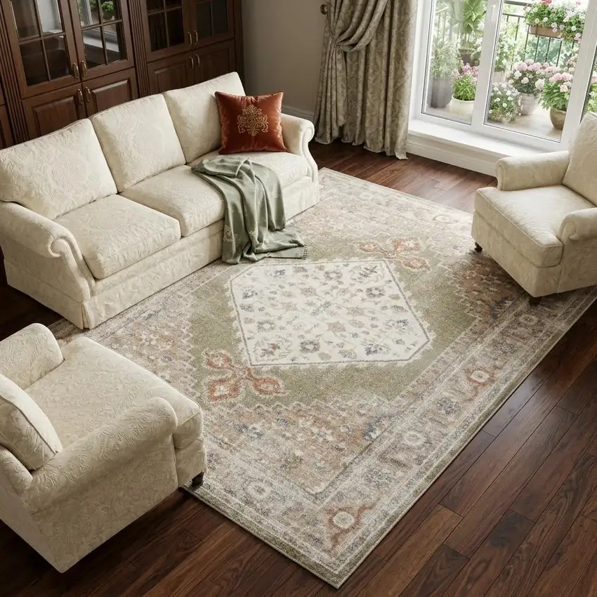 Khaki Oriental Power Loom Distressed Washable Area Rug Photo 1