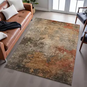Photo of Khaki Red And Charcoal Abstract Washable Area Rug With UV Protection