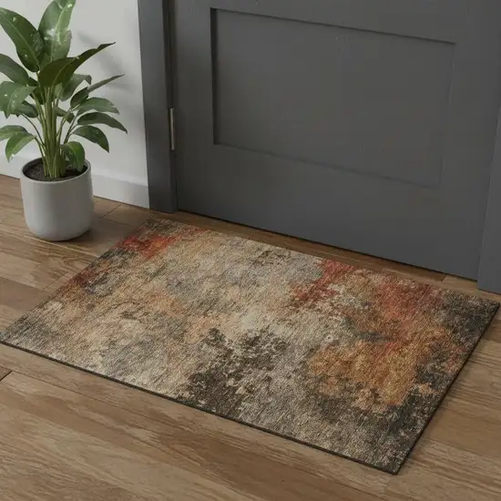 Khaki Red And Charcoal Abstract Washable Area Rug With UV Protection Photo 1