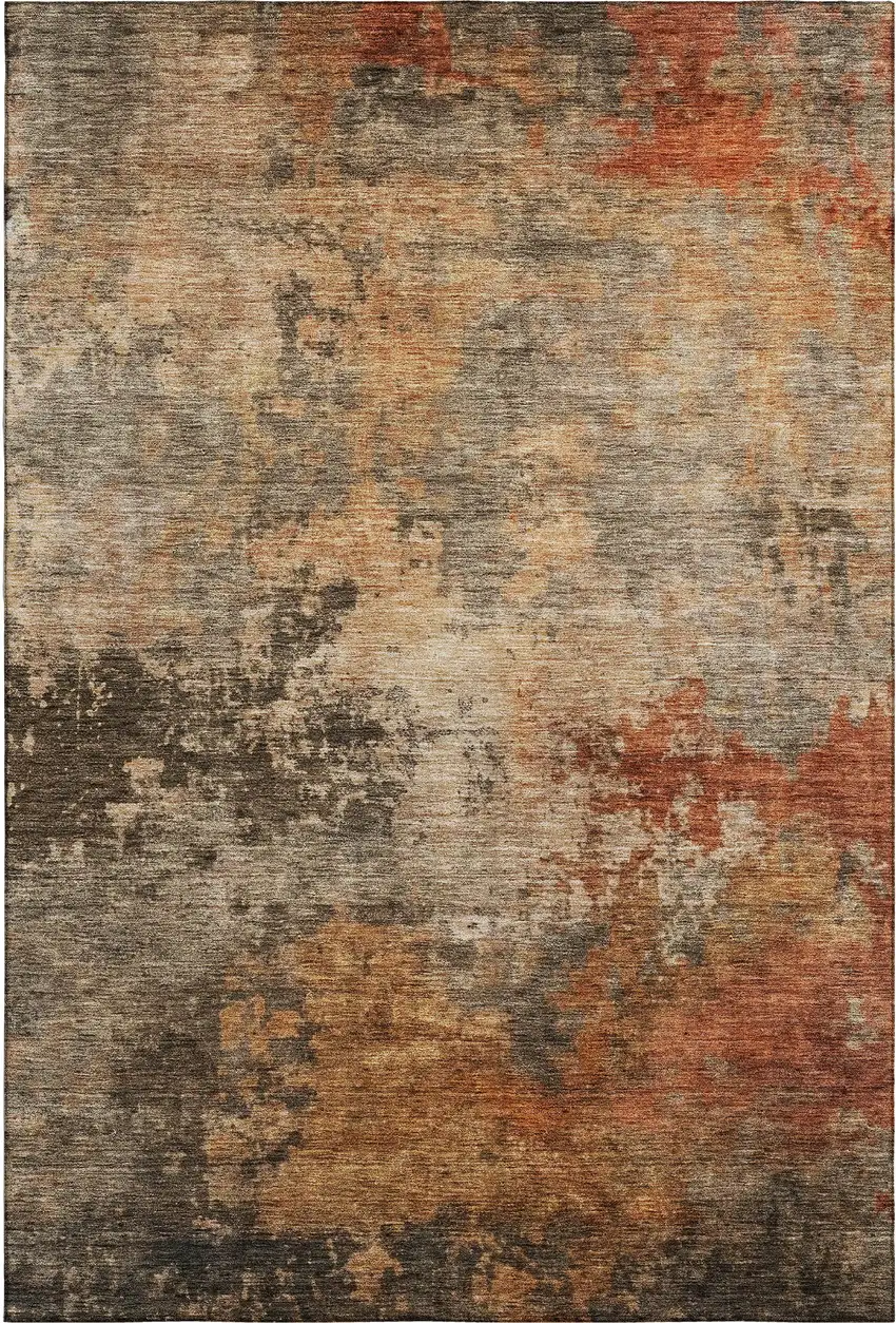 Khaki Red And Charcoal Abstract Washable Area Rug With UV Protection Photo 3