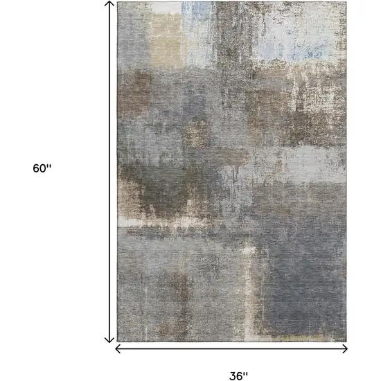 Khaki Silver And Blue Abstract Washable Area Rug With UV Protection Photo 3