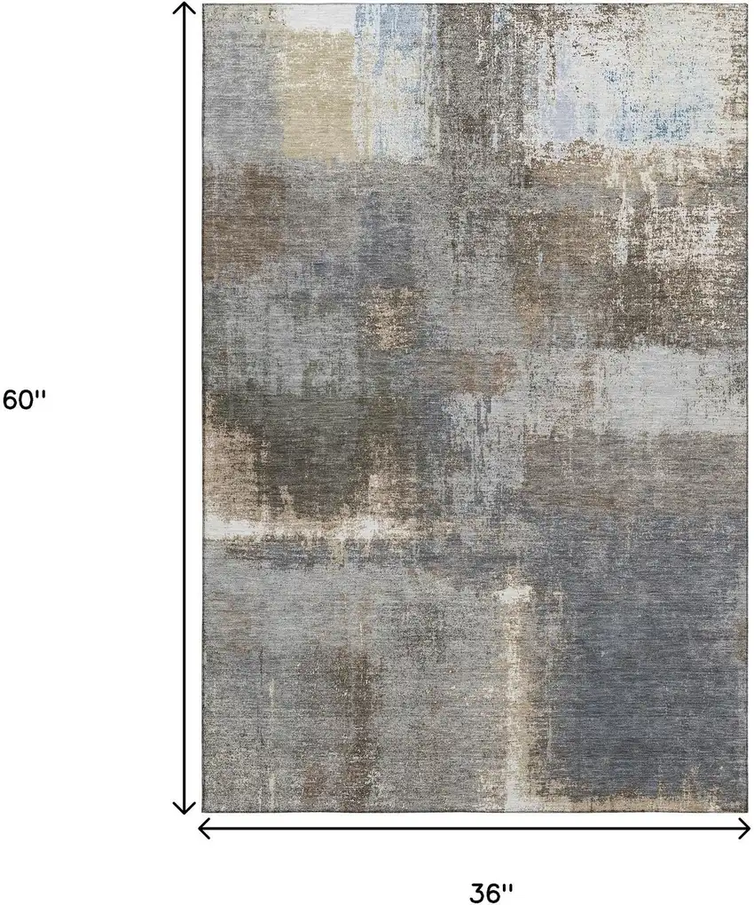 Khaki Silver And Blue Abstract Washable Area Rug With UV Protection Photo 3