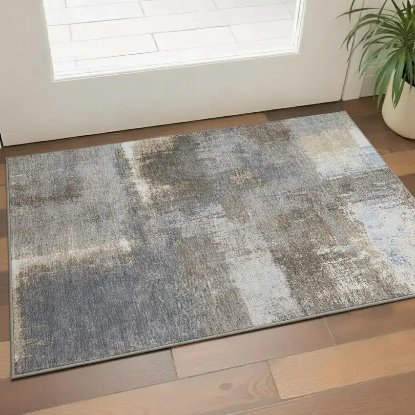 Khaki Silver And Blue Abstract Washable Area Rug With UV Protection Photo 2