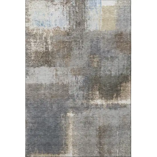 Khaki Silver And Blue Abstract Washable Area Rug With UV Protection Photo 3