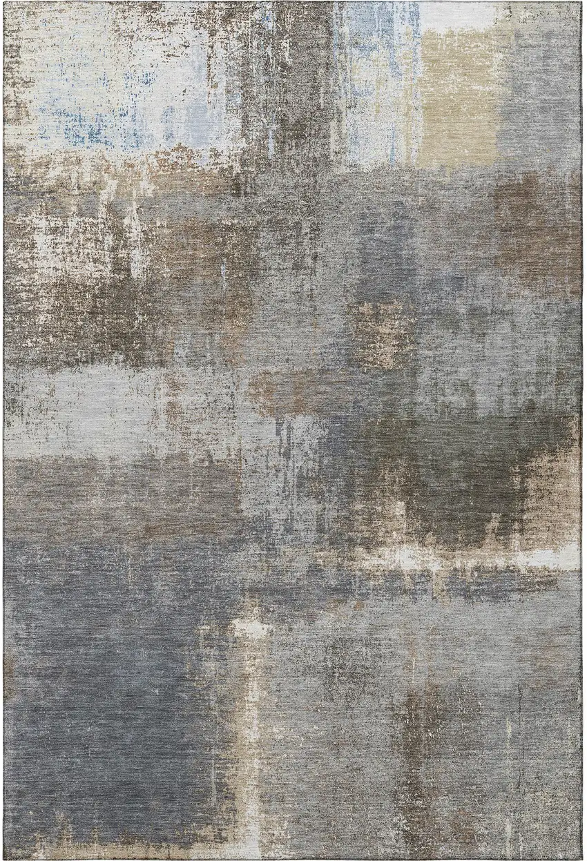 Khaki Silver And Blue Abstract Washable Area Rug With UV Protection Photo 3
