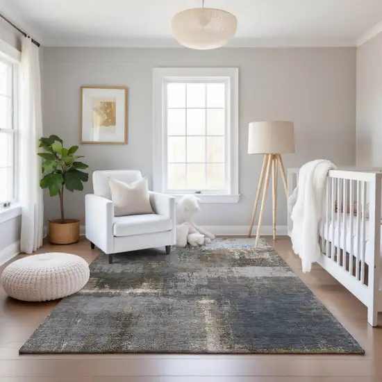 Khaki Silver And Blue Abstract Washable Area Rug With UV Protection Photo 5