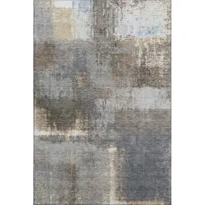 Photo of Khaki Silver And Blue Abstract Washable Area Rug With UV Protection