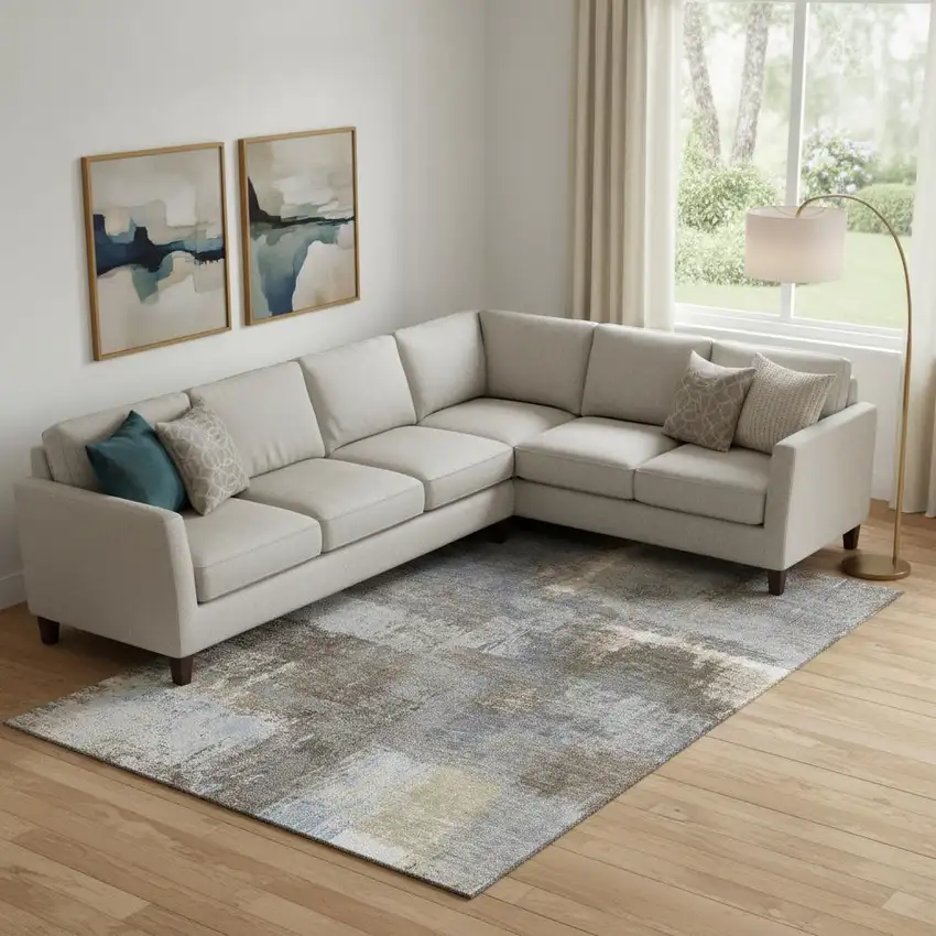 Khaki Silver And Blue Abstract Washable Area Rug With UV Protection Photo 2