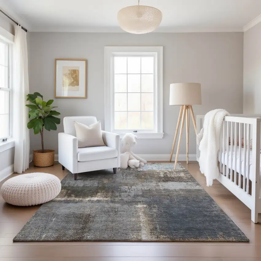 Khaki Silver And Blue Abstract Washable Area Rug With UV Protection Photo 5