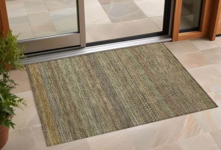 Khaki Striped Washable Non Skid Indoor Outdoor Area Rug Photo 1