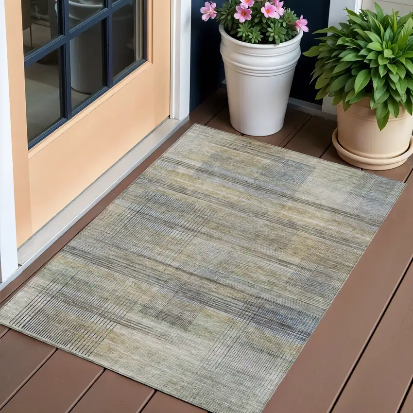 Khaki Tan And Beige Striped Washable Indoor Outdoor Area Rug Photo 1