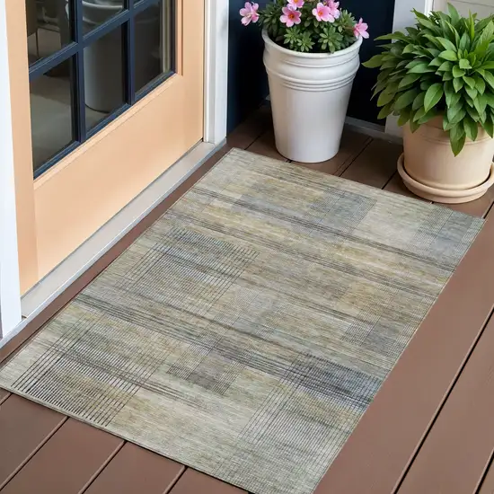 Khaki Tan And Beige Striped Washable Indoor Outdoor Area Rug Photo 1