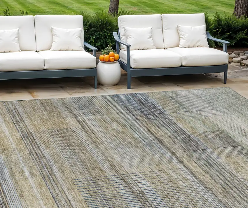 Khaki Tan And Beige Striped Washable Indoor Outdoor Area Rug Photo 1
