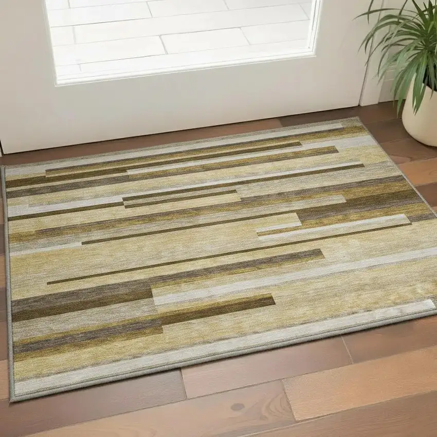 Khaki Taupe And Gold Striped Washable Area Rug With UV Protection Photo 2