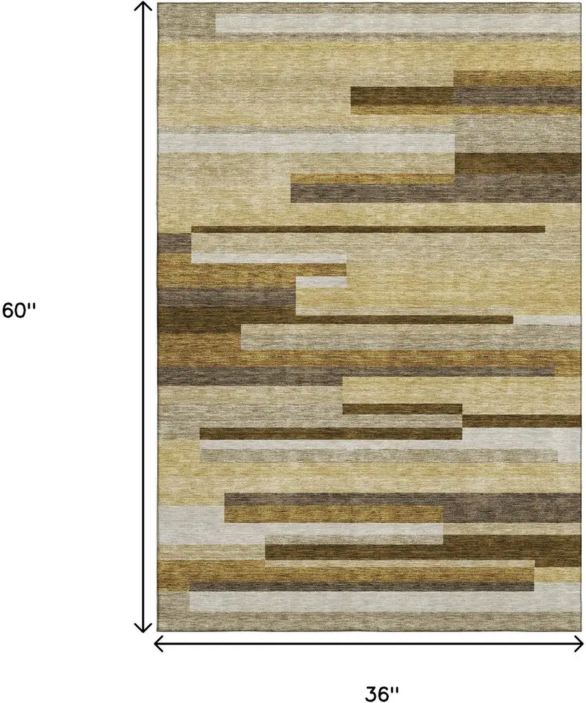 Khaki Taupe And Gold Striped Washable Area Rug With UV Protection Photo 3