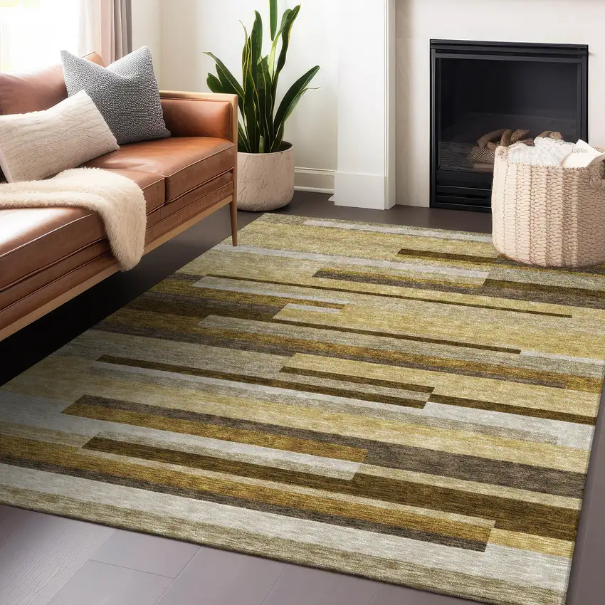 Khaki Taupe And Gold Striped Washable Area Rug With UV Protection Photo 6