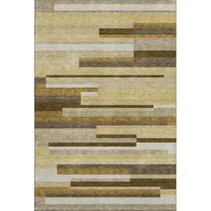 Photo of Khaki Taupe And Gold Striped Washable Area Rug With UV Protection