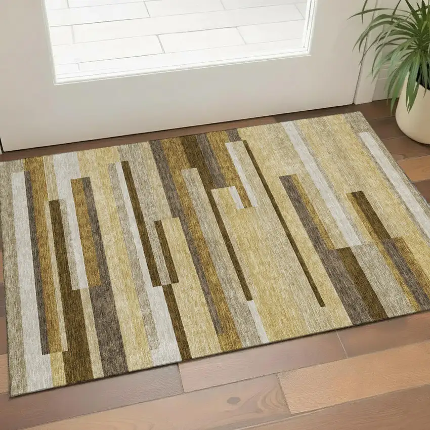 Khaki Taupe And Gold Striped Washable Area Rug With UV Protection Photo 1