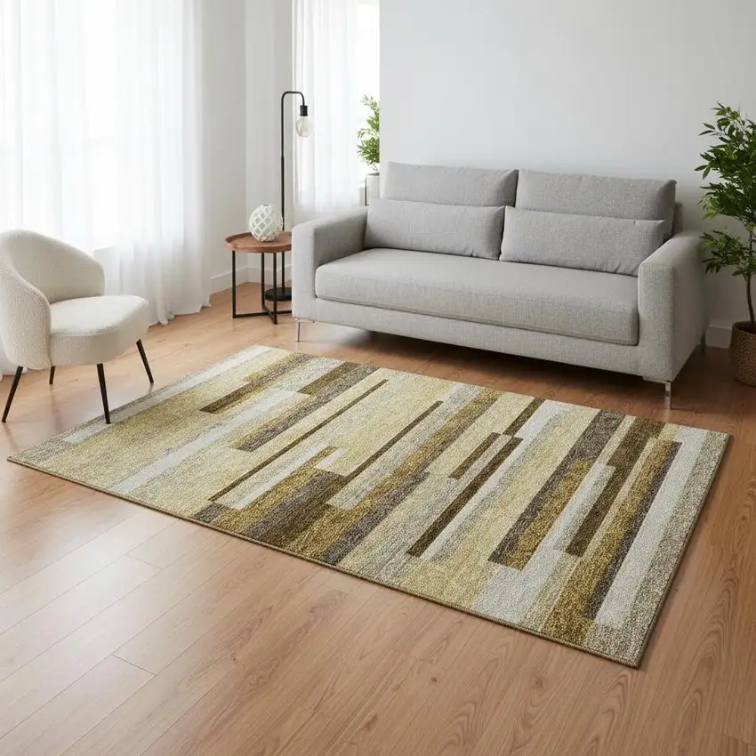 Khaki Taupe And Gold Striped Washable Area Rug With UV Protection Photo 2