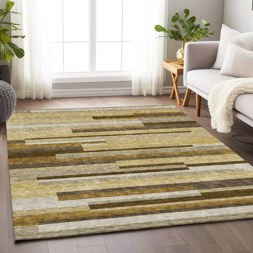 Khaki Taupe And Gold Striped Washable Area Rug With UV Protection Photo 5
