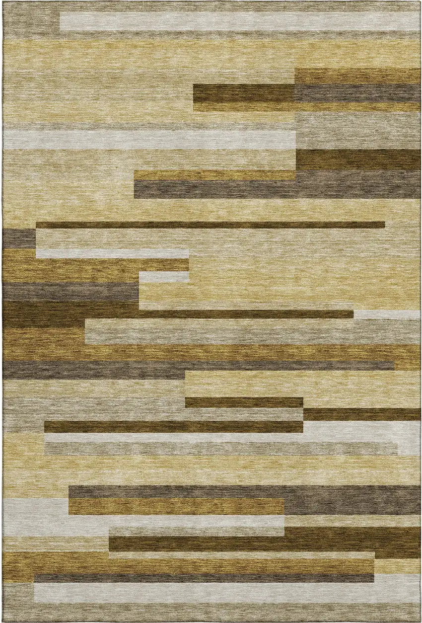 Khaki Taupe And Gold Striped Washable Area Rug With UV Protection Photo 1