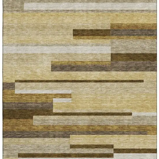 Khaki Taupe And Gold Striped Washable Area Rug With UV Protection Photo 3