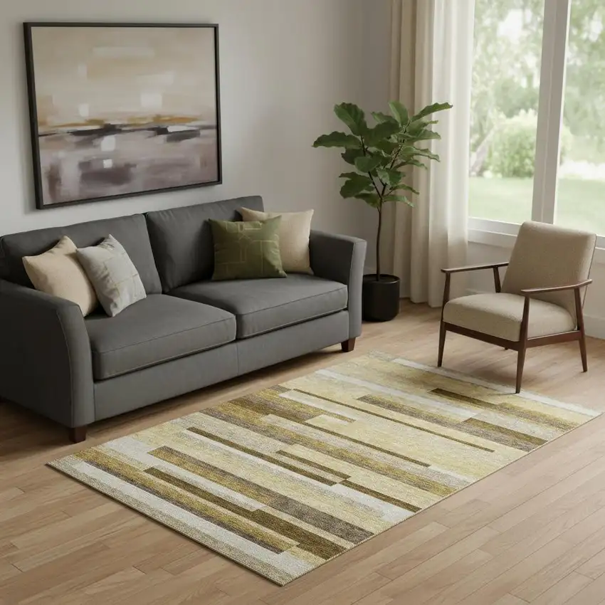 Khaki Taupe And Gold Striped Washable Area Rug With UV Protection Photo 1