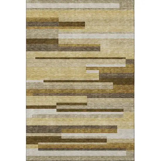 Khaki Taupe And Gold Striped Washable Area Rug With UV Protection Photo 4
