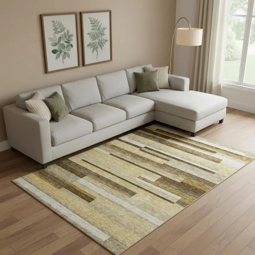 Khaki Taupe And Gold Striped Washable Area Rug With UV Protection Photo 1