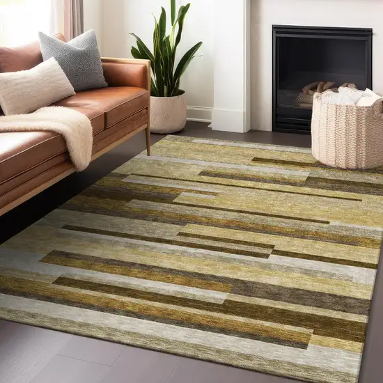 Khaki Taupe And Gold Striped Washable Area Rug With UV Protection Photo 6