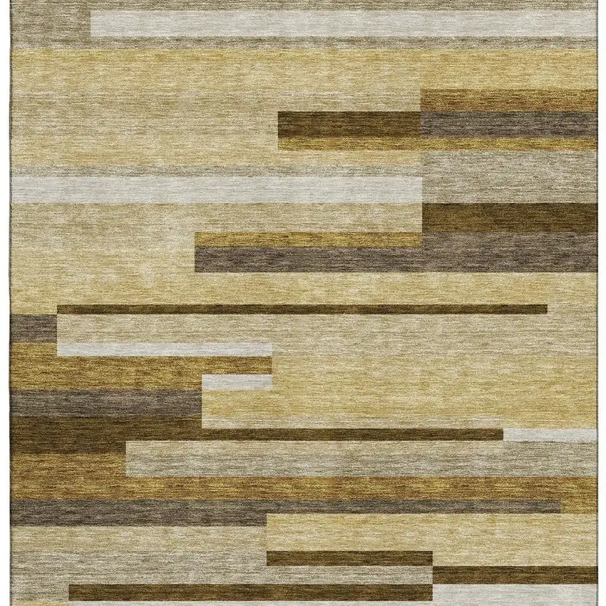 Khaki Taupe And Gold Striped Washable Area Rug With UV Protection Photo 3